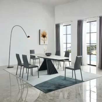 Mat, Shiny 152 Marble Dining Table with 196 Gray Chairs
