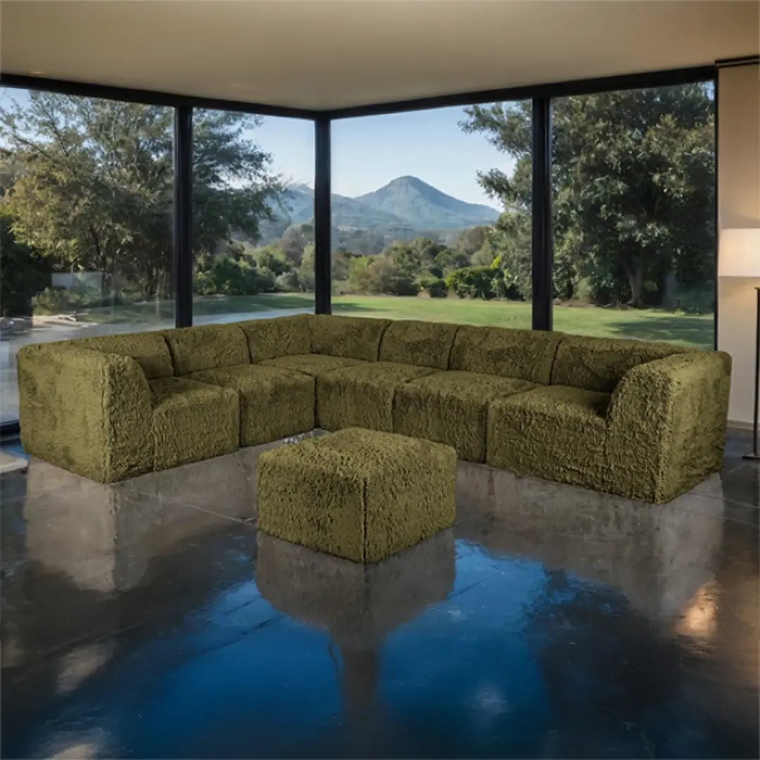 Nappi Fur Large L Sectional With Ottoman By Furniture Of America | Mobilia Cleopatra 3 Olive Green Fur Large L Sectional with Ottoman