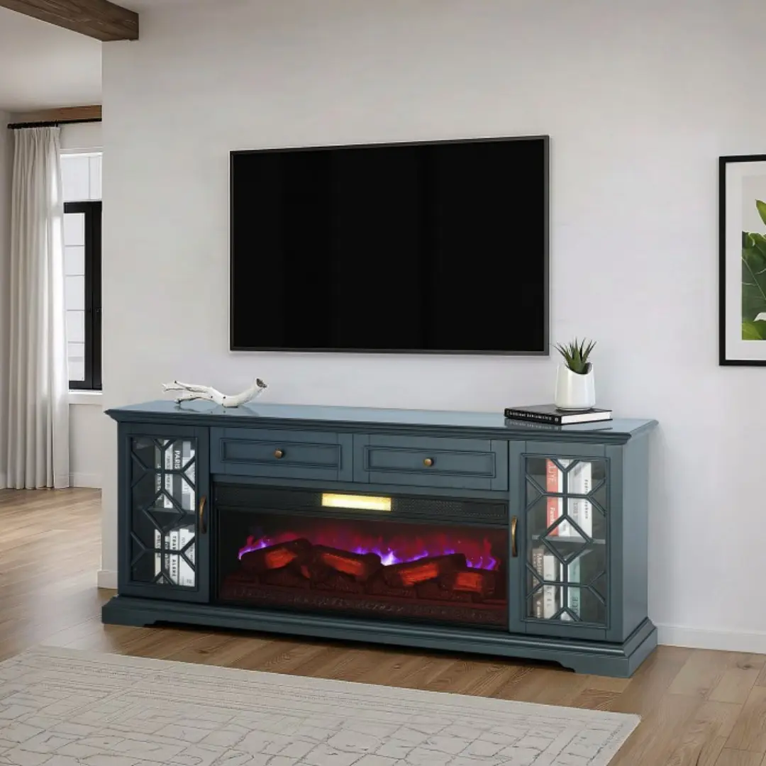 Fidel 74” Tv Console With Electric Fireplace By Furniture Of America | Mobilia Cleopatra 3 Blue 74'' TV Console with Electric Fireplace