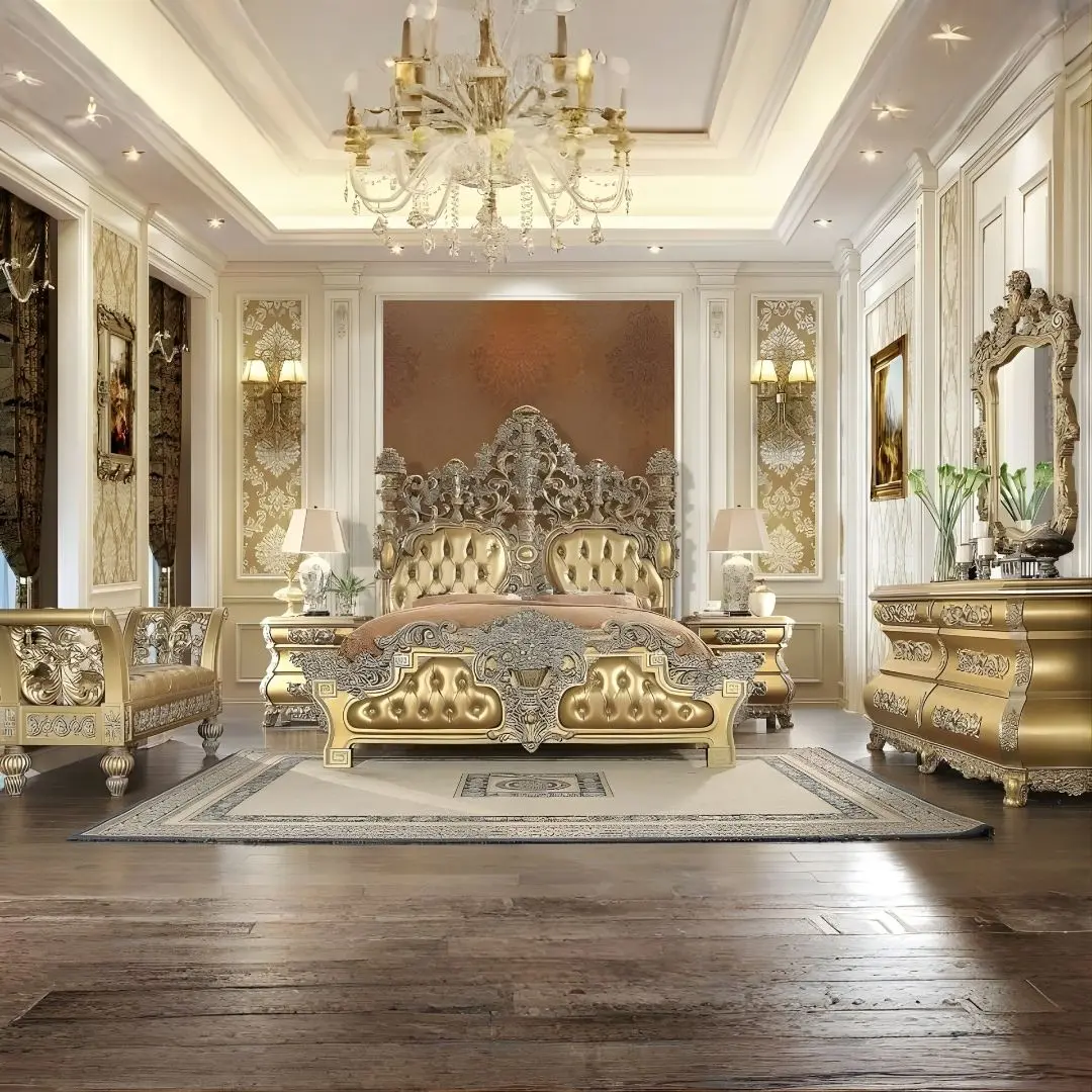 Victorian bedroom design featuring carved wood