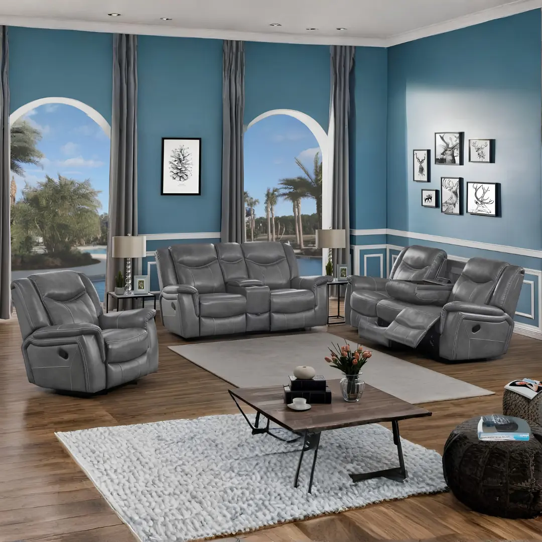 Conrad Upholstered Gray Reclining Sofa Set By Coaster | Mobilia Cleopatra 3 Conrad Upholstered Gray Reclining Sofa Set