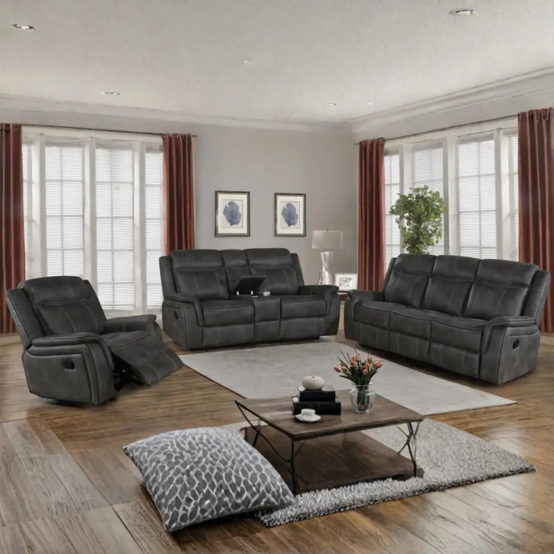 Lawrence Upholstered Reclining Sofa Set Charcoal By Coaster Furniture | Mobilia Cleopatra 3 Lawrence Upholstered Reclining Sofa Set Charcoal