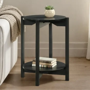 Black Wood Round End Table with Shelf