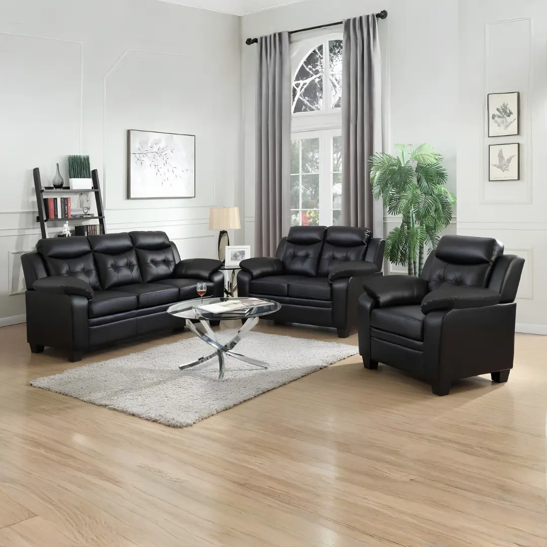 Finley Contemporary Black Leather Sofa Set By Coaster Furniture | Mobilia Cleopatra 3 Contemporary Black Leather Sofa Set