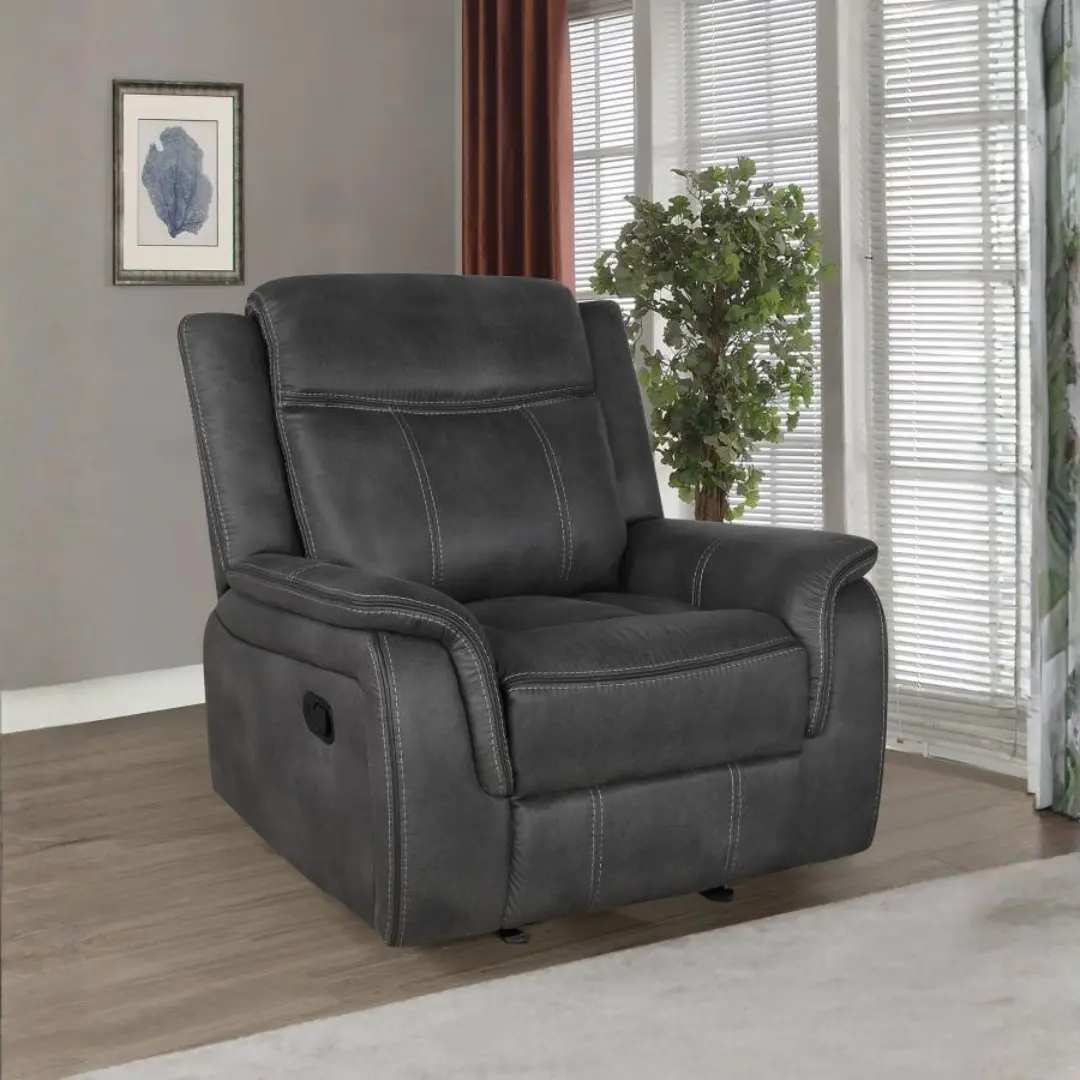 Lawrence Charcoal Glider Recliner By Coaster Furniture | Mobilia Cleopatra 3 Charcoal Glider Recliner