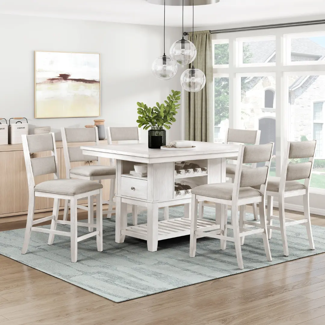 Savile 7 Piece White Counter Height Table Set By Homelegance | Mobilia Cleopatra 3 White Counter Height Table Set