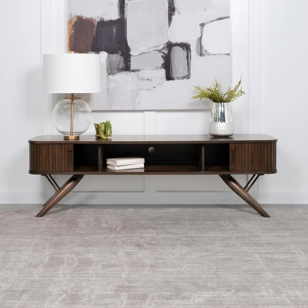 Valna Walnut Tv Console With Sliding Doors By Coaster Furniture | Mobilia Cleopatra 3 Walnut TV Console