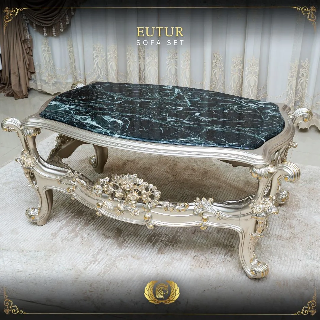 Handmade Eutur Silver Emerald Green Marble Top Coffee Table | Mobilia Cleopatra 3 eutur-sofa-set