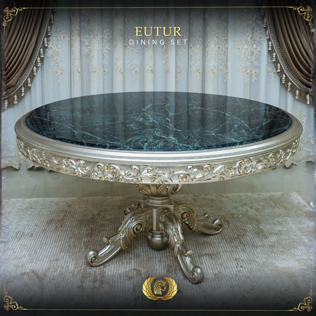 Handmade Eutur Silver Emerald Green Round Marble Top Dining Table | Mobilia Cleopatra 3 eutur-dining-set-