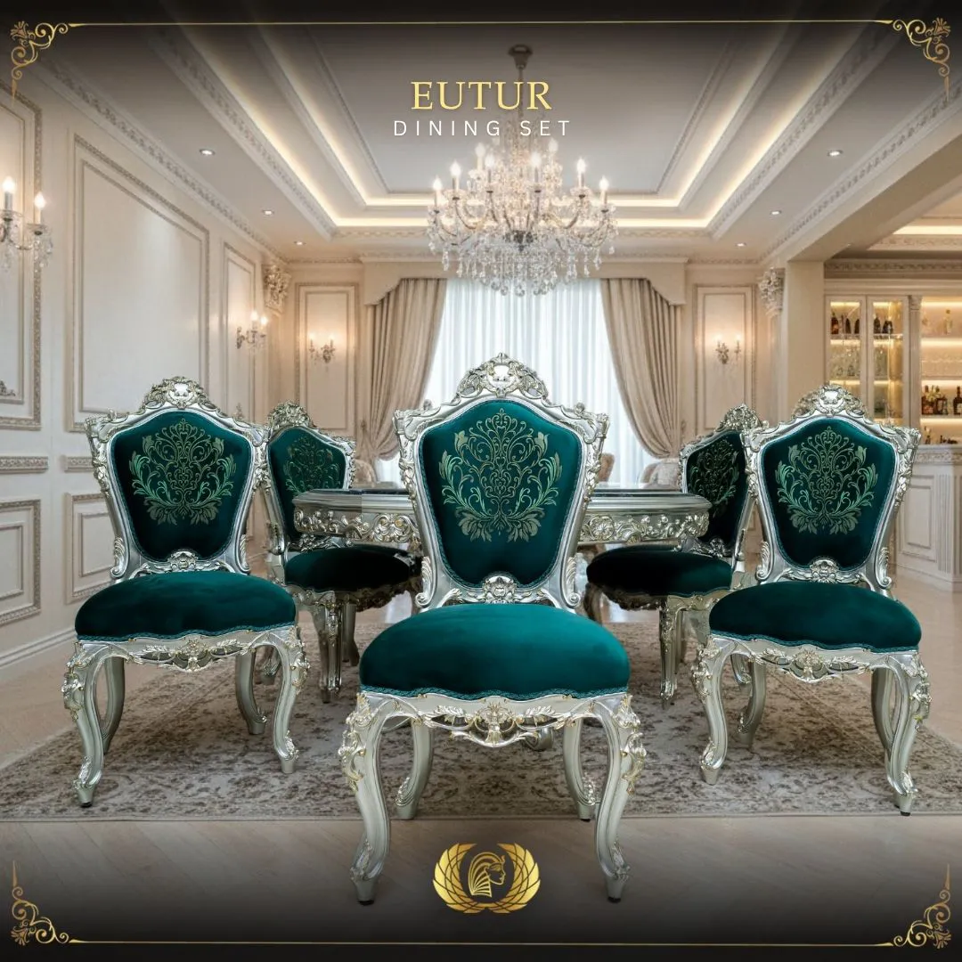 7Pcs Handmade Eutur Silver Emerald Green Round Marble Top Dining Set | Mobilia Cleopatra 3 eutur-dining-set-
