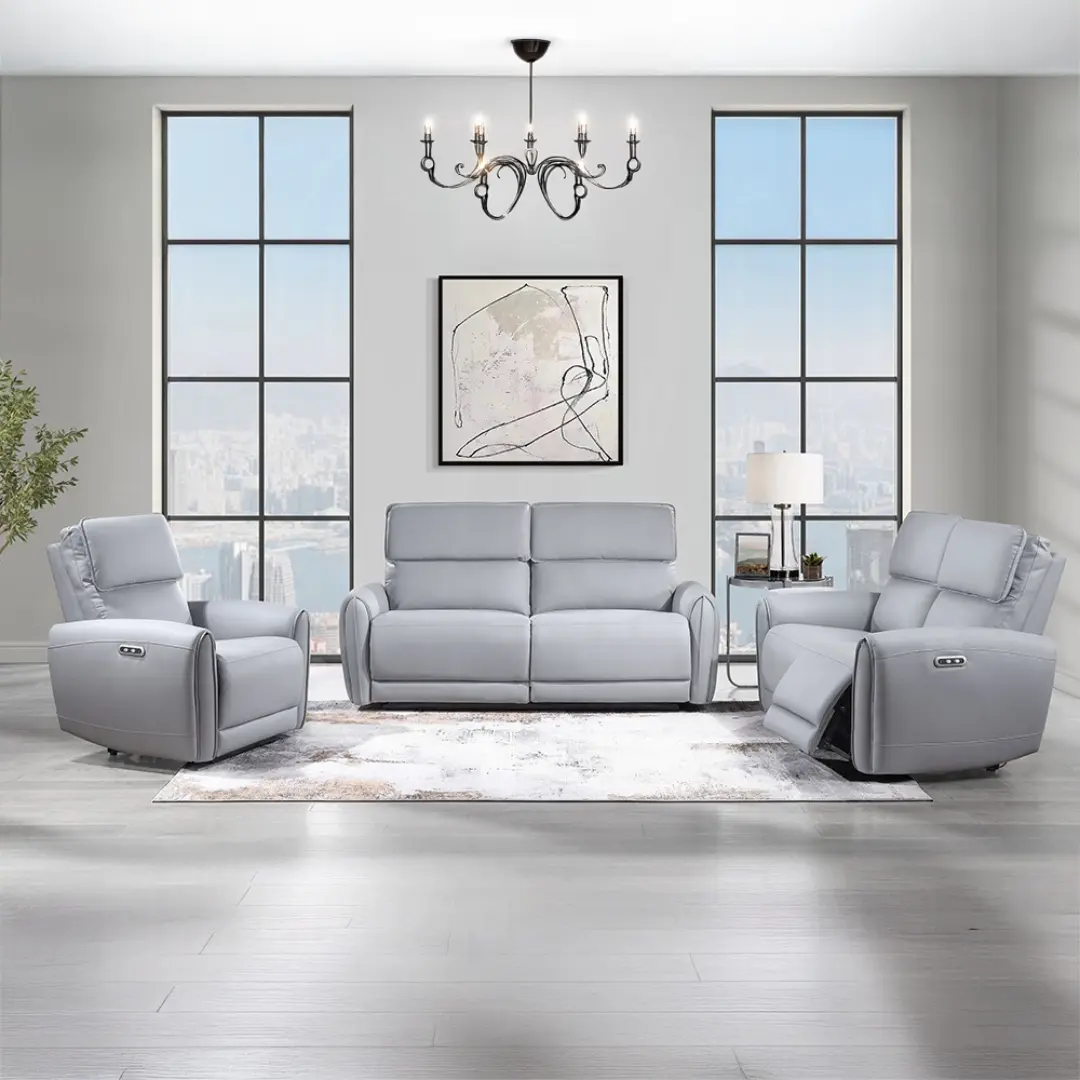 Jeromie Gray Leather Recliner Sofa Set By Acme | Mobilia Cleopatra 3 Gray Leather Recliner Sofa Set