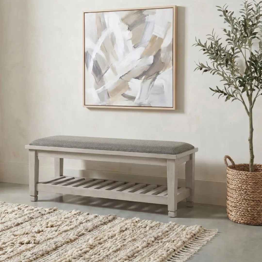 Franco Distressed White Bench With Shelf By Coaster Furniture | Mobilia Cleopatra 3 Distressed White Bench
