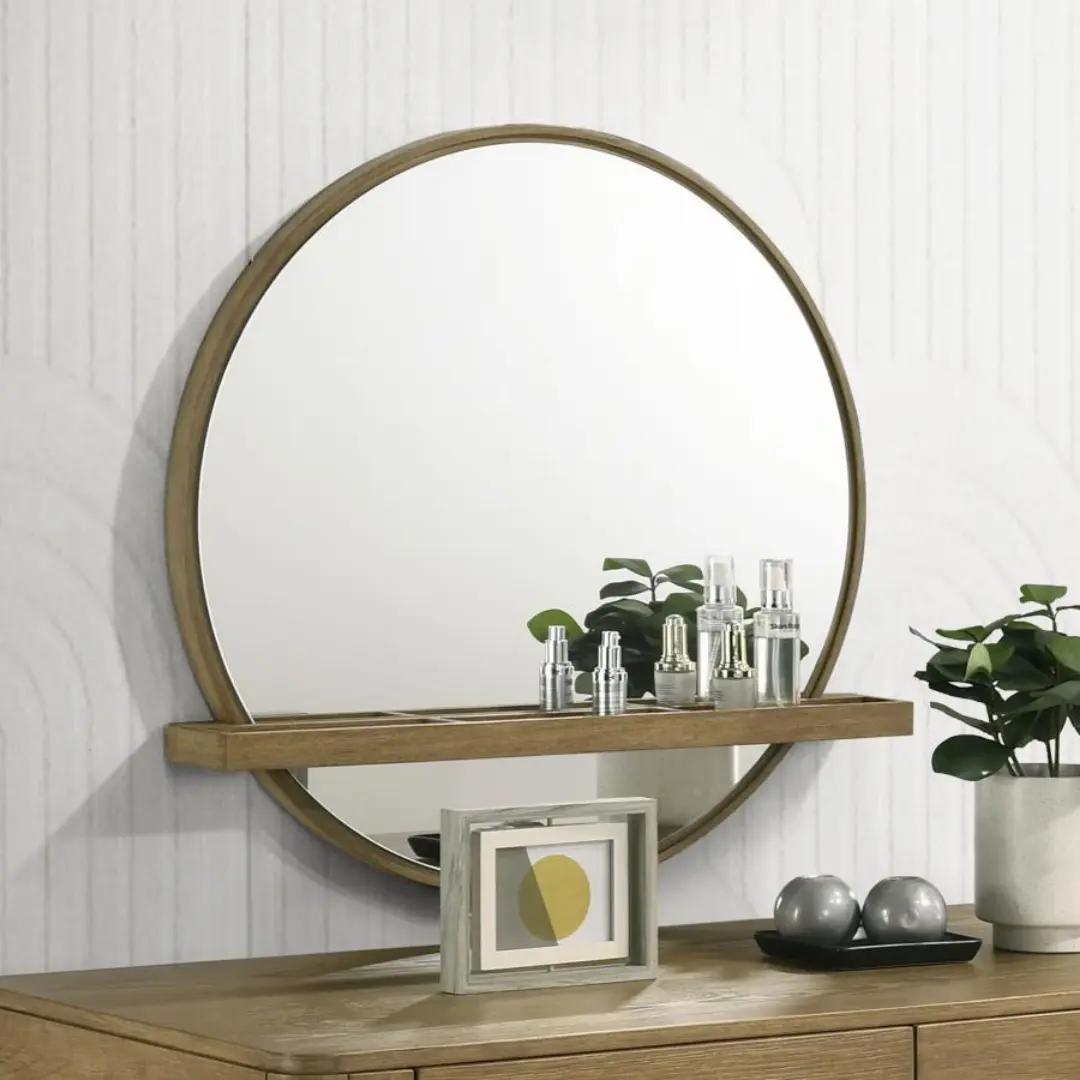 Arini Round Wall Mirror With Shelf By Coaster Furniture | Mobilia Cleopatra 3 Round Wall Mirror with Shelf