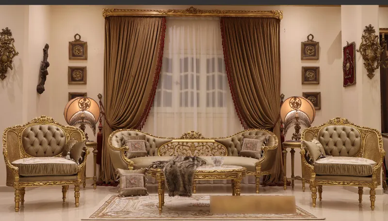 Carved Custom Sofa Carved custom sofa with ornate wood trim and neutral fabric