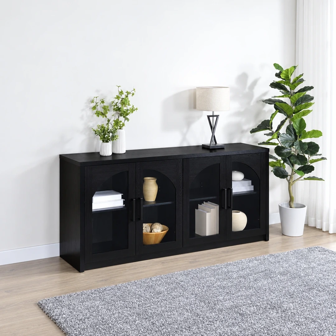 Riva Black Glass Door Sideboard By Coaster | Mobilia Cleopatra 3 Black Glass Door Sideboard