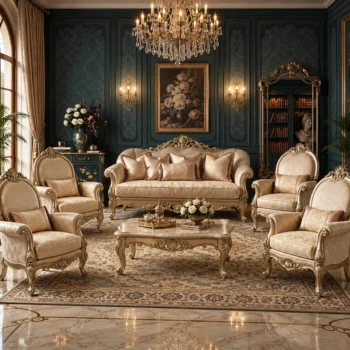5Pcs Handmade Champelle Ivory Gold Sofa Set